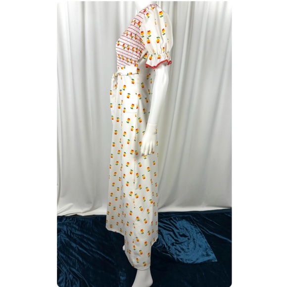 Vintage 1960’s 1970’s Floral Maxi Dress in Dusty White with Red Smocking • XS/S - Picture 7 of 10